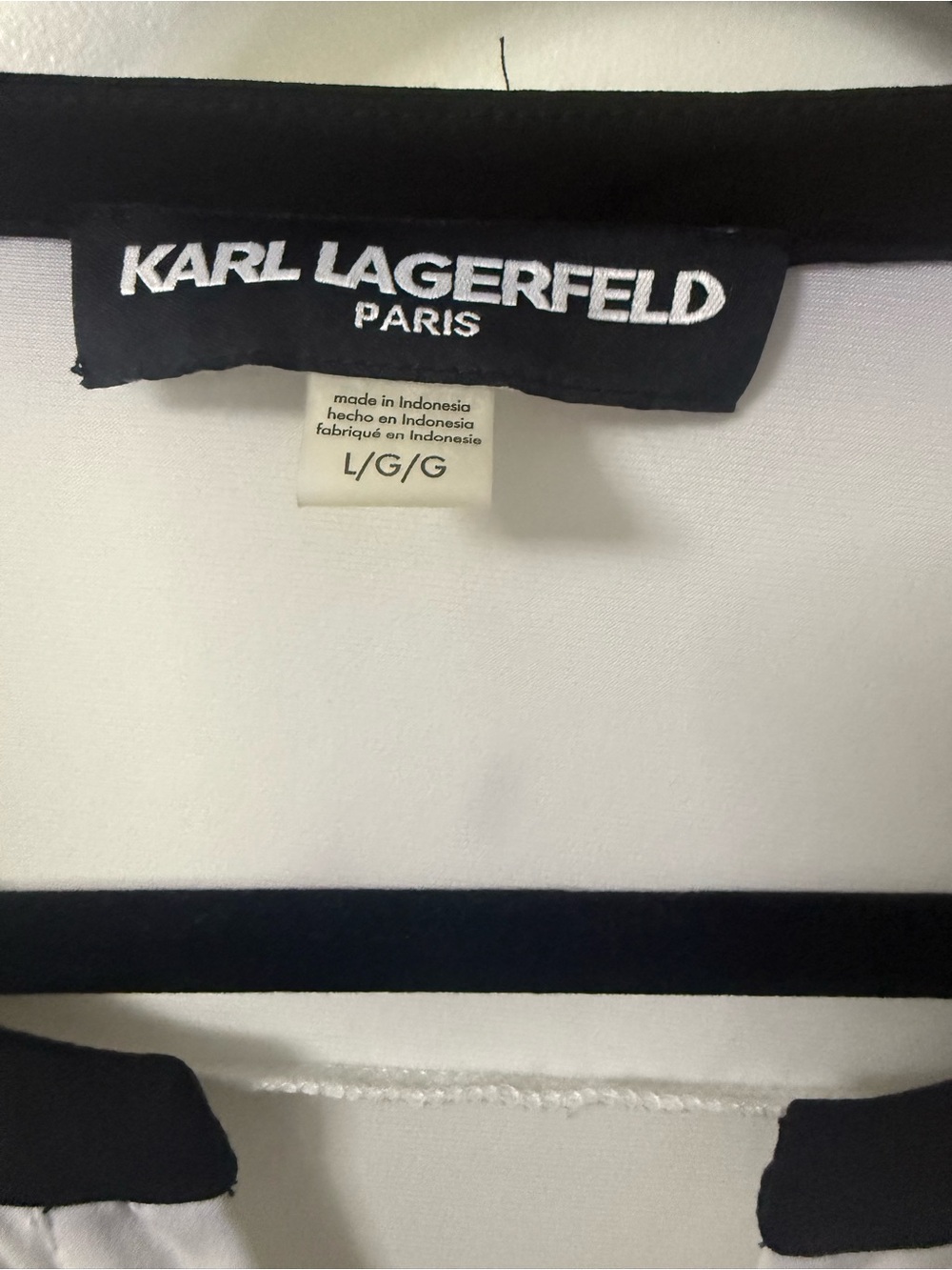 Karl Lagerfeld White Long-Sleeve Top with Black Trim and Button Placket - Picture 2 of 3
